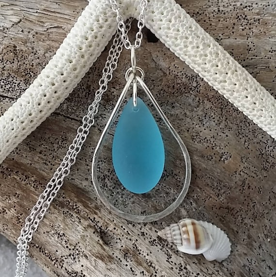 Hawaiian Jewelry Sea Glass Necklace Wire Loop Turquoise Blue
