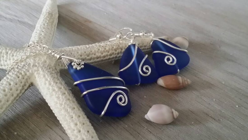 September Birthstone Wire wrapped cobaltSapphire sea glass necklace sterling silver chain earrings jewelry set Handmade in Hawaii