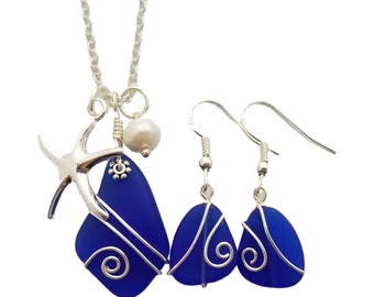 Hawaiian Jewelry Sea Glass Set, Cobalt Blue Necklace Earrings Jewelry Set, Pearl Starfish Necklace, Birthday Gift Set (September Birthstone)