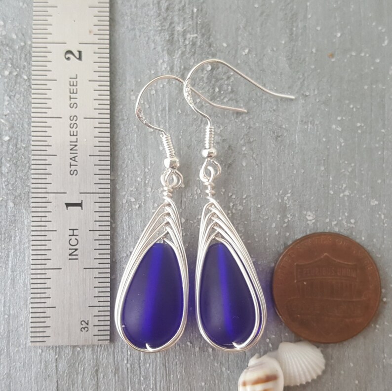 Handmade in Hawaii Wire braided CobaltSapphire sea glass earrings Sterling silver hooks September Birthstone Mother/'s Day
