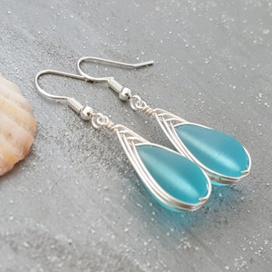 Hawaiian Jewelry Sea Glass Earrings, Braided Turquoise Earrings Blue Earrings Teardrop Earrings, Beach Jewelry December Birthstone Gift image 5