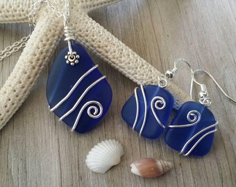 Handmade in Hawaii, Wire wrapped cobalt blue sea glass necklace + earrings jewelry set, silver chain, gift box, wedding gift
