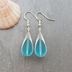Hawaiian Jewelry Sea Glass Earrings, Braided Turquoise Earrings Blue Earrings Teardrop Earrings, Beach Jewelry December Birthstone Gift image 1