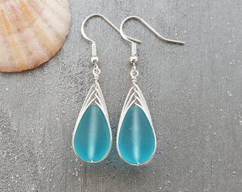 Hawaiian Jewelry Sea Glass Earrings, Braided Turquoise Earrings Blue Earrings Teardrop Earrings, Beach Jewelry (December Birthstone Gift)