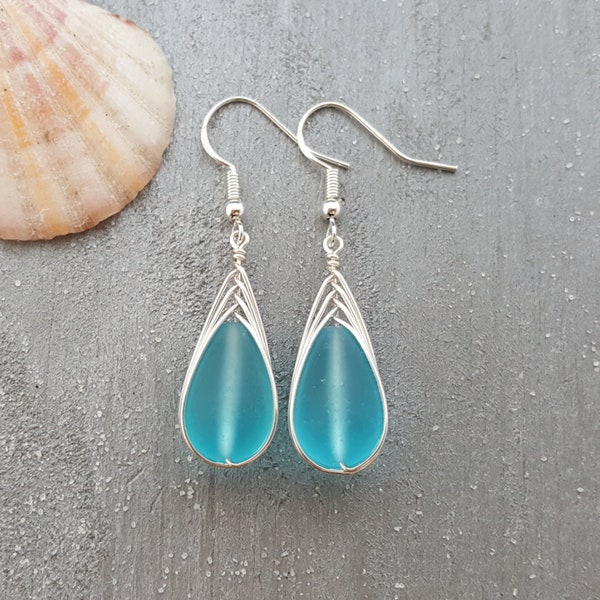 Hawaiianische Schmuck Seeglas Ohrringe, Geflochtene Türkis Ohrringe Blau Ohrringe Teardrop Ohrringe, Strand Schmuck (Geschenk Dezember Geburtsstein)