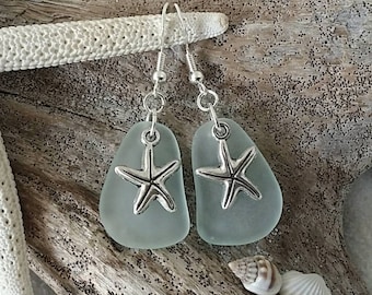 Hawaiian Jewelry Sea Glass Earrings, Twin Starfish Earrings Seafoam Earrings, Beach Jewelry For Women, Unique Earrings Sea Glass Jewelry