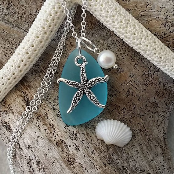 Made in Hawaii, collana di vetro di mare blu, fascino stella marina, perla  d'acqua dolce, confezione regalo, regalo di gioielli spiaggia Hawaii -   Italia