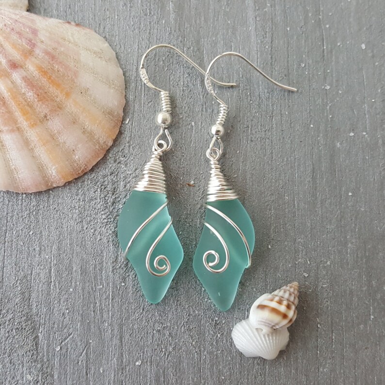 Wire wrapped Aqua sea glass earrings March Birthstone Handmade in Hawaii Free Gift Wrap