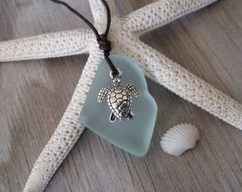 Hawaiian Jewelry Sea Glass Necklace, Seafoam Turtle Necklace Leather Cord Necklace Unique Necklace Beach Jewelry Unisex Sea Glass Jewelry