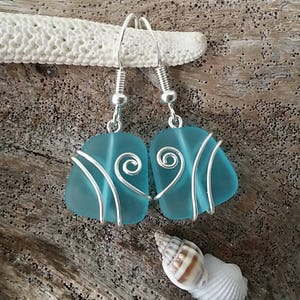 Hawaiian Jewelry Sea Glass Earrings, Wire Wrapped Turquoise Blue Earrings, Sea Glass Jewelry Birthday Gift (December Birthstone Jewelry)