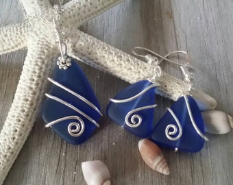 Hawaiian Jewelry Sea Glass Set, Wire Wrapped Cobalt Blue Necklace Earrings Jewelry Set, Birthday Gift Set(September Birthstone Jewelry Gift)