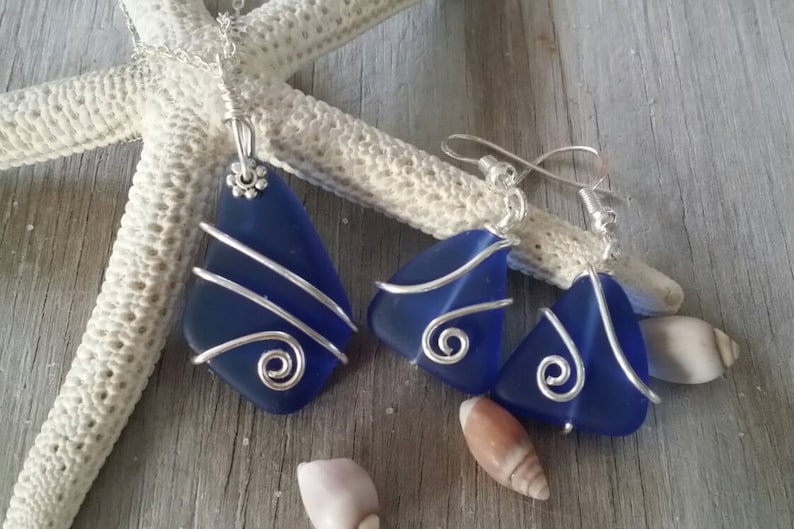 September Birthstone Wire wrapped cobaltSapphire sea glass necklace sterling silver chain earrings jewelry set Handmade in Hawaii