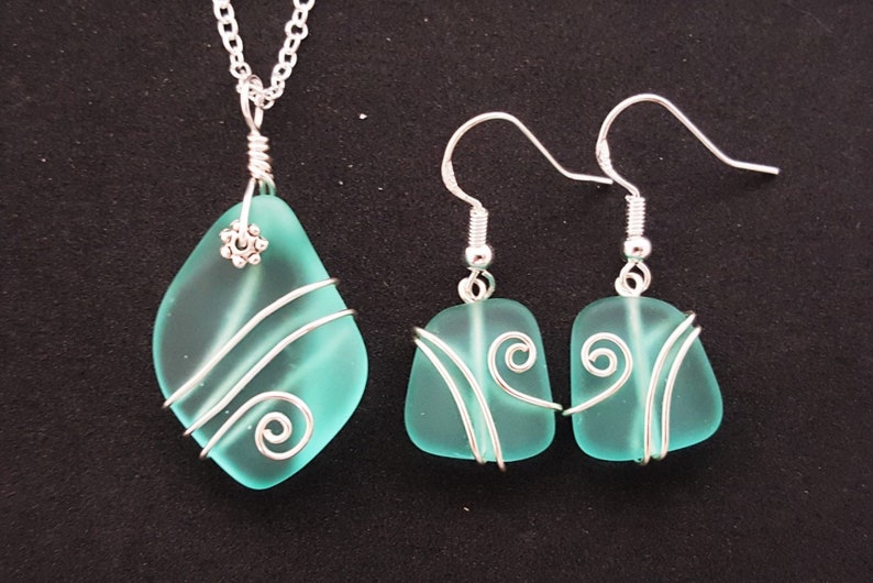 Hawaiian Jewelry Sea Glass Set, Wire Wrapped Aquamarine Necklace Earrings Jewelry Set, Sea Glass Jewelry Birthday Gift March Birthstone image 4