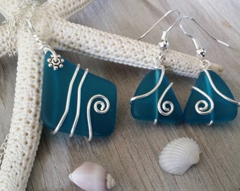 Hawaiian Jewelry Sea Glass Set, Wired Wrapped Teal Necklace Earrings Jewelry Set, Beach Jewelry Sea Glass Jewelry For Women Unique Jewelry