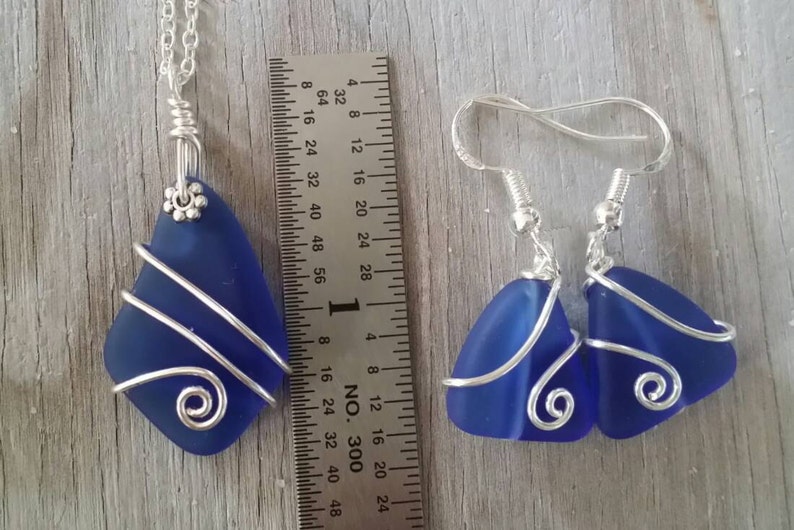 September Birthstone Wire wrapped cobaltSapphire sea glass necklace sterling silver chain earrings jewelry set Handmade in Hawaii
