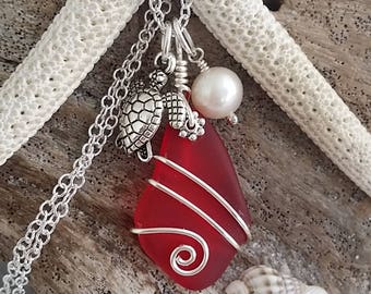 Hawaiian Jewelry Sea Glass Necklace, Wire Red Necklace Turtle Necklace Pearl Necklace, Sea Glass Jewelry Beach Jewelry(January Birthstone)