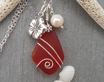 Hawaiian Jewelry Sea Glass Necklace, Wire Ruby Red Necklace Hibiscus Pearl Necklace, Beach Jewelry Sea Glass Jewelry (July Birthstone Gift)