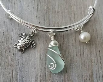 Bracciale in vetro di mare con gioielli hawaiani, braccialetto in schiuma di mare con perle e tartaruga, gioielli in vetro di mare per donne, braccialetto da spiaggia per ragazze amanti della spiaggia