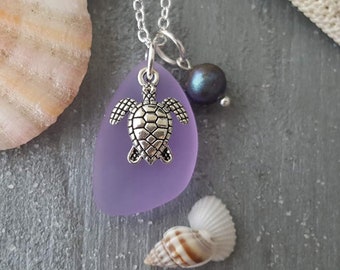 Hawaiian Jewelry Sea Glass Necklace, "Magical Color Changing" Purple Necklace Turtle Necklace Sea Glass Birthday Gift (February Birthstone)