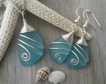 Hawaiian Jewelry Set, Top Wire Wrapped Necklace Earrings Jewelry Set, Turquoise Blue Jewelry, Birthday Gift For Women (December Birthstone)