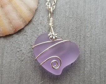 Handmade in Hawaii, "Magical Color Changing" Wire Wrapped purple Heart sea glass necklace, Mother's Day Gift, Hawaii Gift Wrapped.