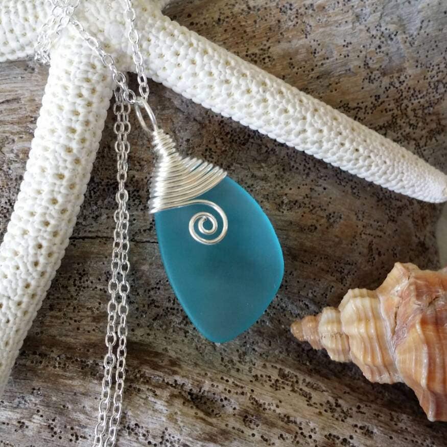 YInahawaii HandmadeWire wrapped cobalt blue sea glass Necklace+Earrings  Set, gift box,beach glass necklace,sea glass earrings, sea glass