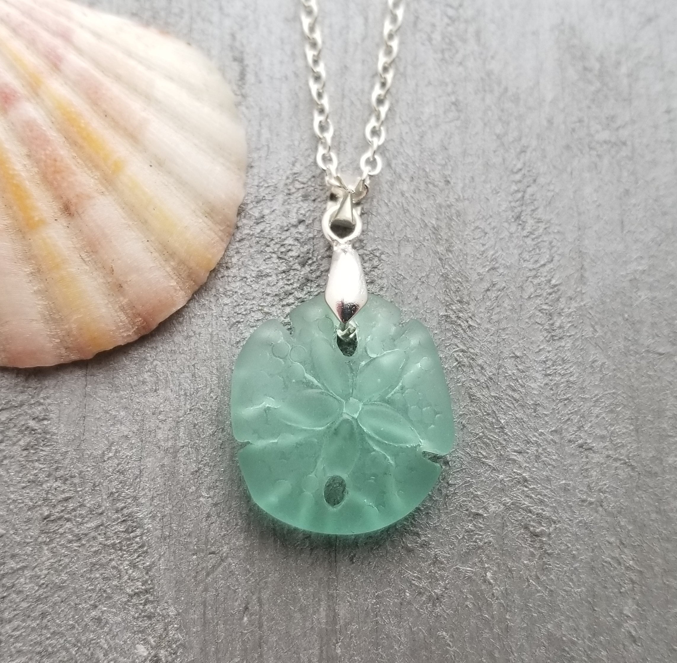 Hawaiian Jewelry Sea Glass Necklace Sand Dollar Aquamarine