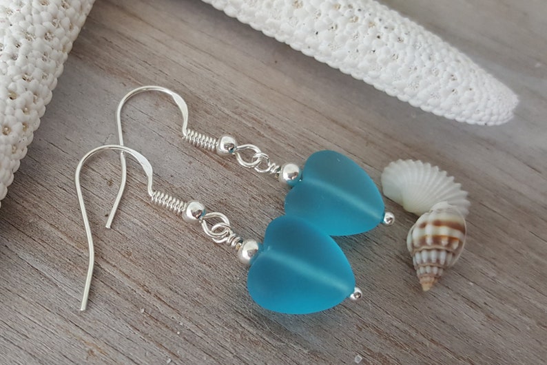 Sea glass jewelry. Gift box Handmade in Hawaii 925 sterling silver hook Twin Hearts sea glass earrings Sea glass earrings