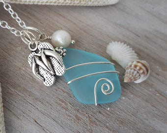 Hawaiian Jewelry Sea Glass Necklace, Wire Turquoise Necklace Hawaiian Jewelry Sea Glass Necklace, Wire Turquoise Necklace