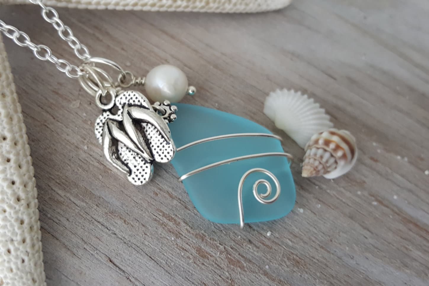 Hawaiian Jewelry Sea Glass Necklace, Wire Turquoise Necklace Blue