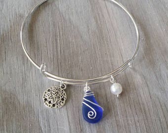 Bracciale in vetro di mare con gioielli hawaiani, braccialetto blu cobalto, braccialetto da spiaggia Sand Dollar, regalo di compleanno con gioielli in vetro di mare (pietra portafortuna di settembre)
