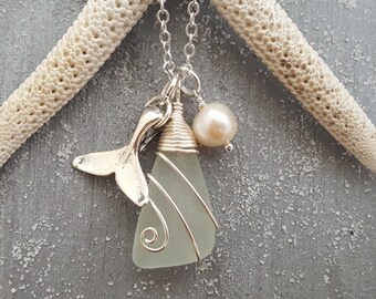 Hawaiian Jewelry Natural Sea Glass Necklace, Wire Wrapped Necklace, Pearl Whale Tail Necklace, Genuine Surf Tumbled Beach Sea Glass Jewelry