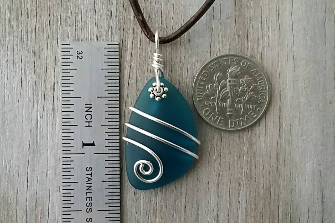Handmade in Hawaii, Leather Cord Unisex Teal Sea Glass Necklace, Unisex Jewelry, Man Jewelry, Birthday Gift