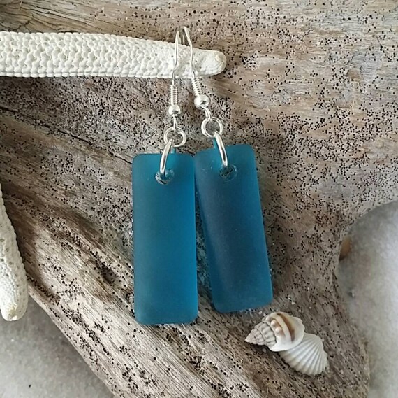 Hawaiian Jewelry Sea Glass Earrings Rectangle Teal Earrings