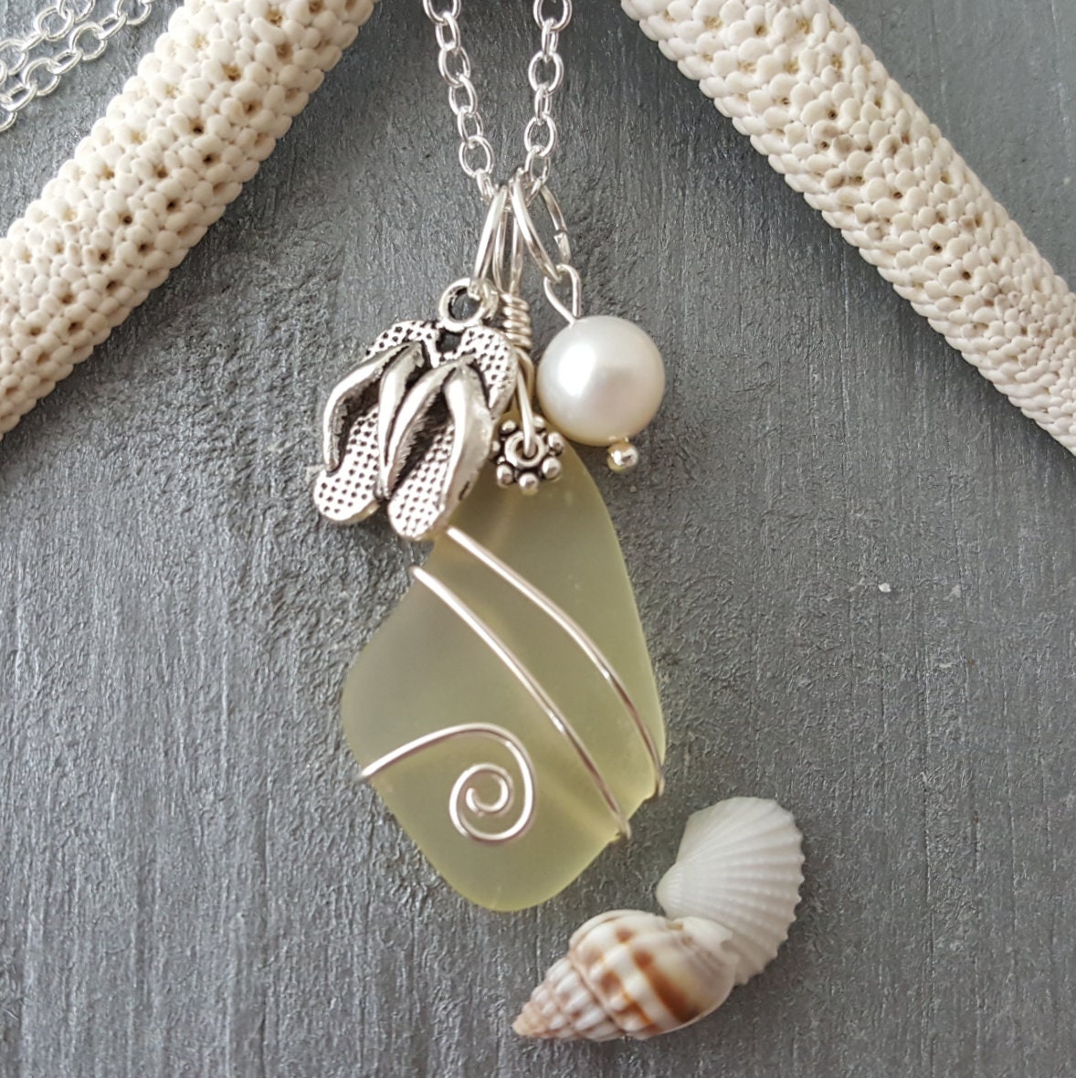 Hawaiian Jewelry Sea Glass Necklace Wire Yellow Necklace Island Lifestyle Pearl Flip Flop Necklace Sea Glass Jewelry November Birthstone