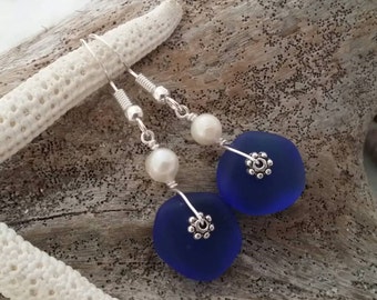 Handmade in Hawaii, Cobalt blue sea glass earrings, Natural pearl,  "September Birthstone",  gift for her. Sea glass  jewelry