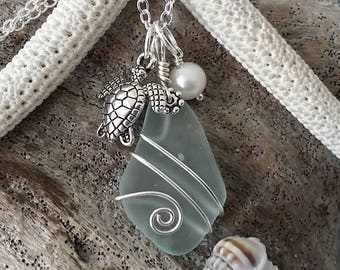 Handmade in Hawaii, Wire wrapped seafoam sea glass necklace,  Fresh water pearl, Sea turtle charm,   Gift for her.