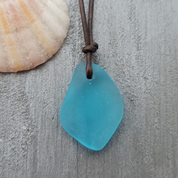 Handmade in Hawaii, leather cord unisex puff blue sea glass necklace, unisex jewelry, birthday gift, sea glass jewelry