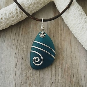 Hawaiian Jewelry Sea Glass Necklace, Teal Wire Wrapped Necklace Leather Cord Necklace Unique Necklace Beach Jewelry Unisex Sea Glass Jewelry
