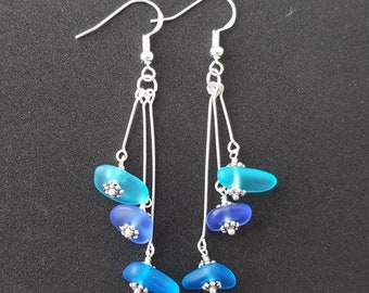 Handmade "Three Colors of the Hawaiian Ocean", sea glass earrings, , Hawaiian Gift, FREE gift wrap