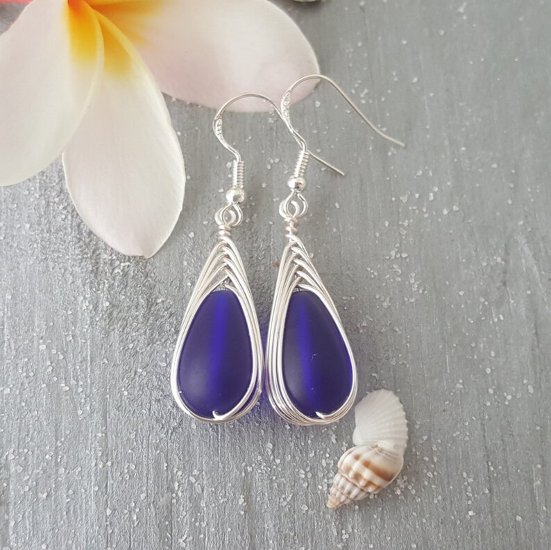 Handmade in Hawaii Wire braided CobaltSapphire sea glass earrings Sterling silver hooks September Birthstone Mother/'s Day