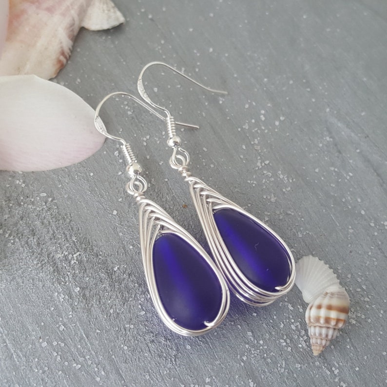 Handmade in Hawaii Wire braided CobaltSapphire sea glass earrings Sterling silver hooks September Birthstone Mother/'s Day