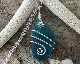 Handmade in Hawaii, Wire wrapped teal blue sea glass necklace, gift box, Mother's Day Gifts.sea glass jewelry.