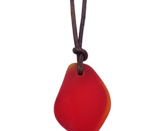 Hawaiian Sea Glass Necklace, Small Puff Ruby Red Necklace Leather Cord Necklace Unisex Beach Jewelry Gift For Him For Her, July Birthstone
