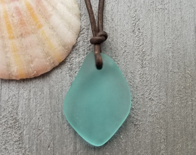 Handmade in Hawaii, leather cord unisex Puff Aqua sea glass necklace, unisex jewelry, (Hawaii Gift Wrapped, Customizable Gift Message)…