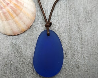 Hawaiian Jewelry Sea Glass Necklace, Cobalt Blue Necklace Leather Cord Necklace, Unisex Beach Jewelry Birthday Gifts (September Birthstone)