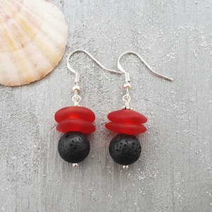 Hawaii Volcanic Eruption with &quot;Lava and Fire&quot; jewelry,  Lava Rock and Red Sea Glass Earrings, FREE gift wrap, FREE Gift Message