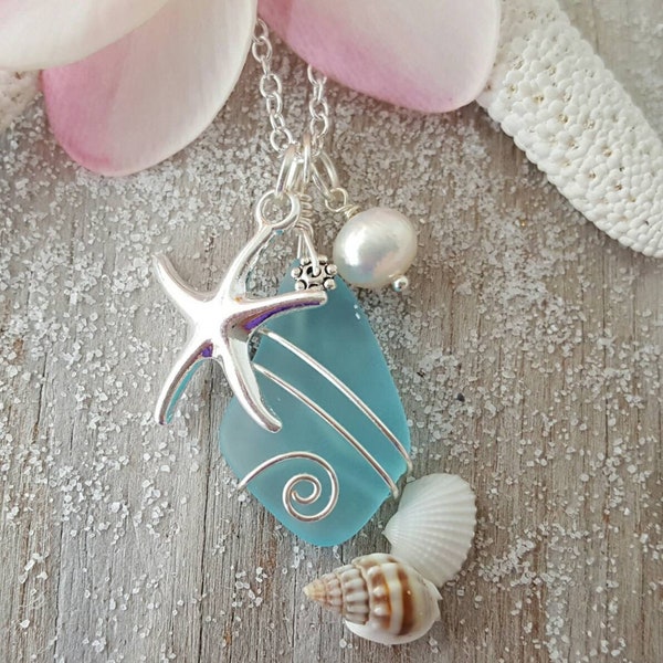 Hawaiian Jewelry Sea Glass Necklace, Wire Turquoise Necklace Blue Necklace, Pearl Starfish Necklace, Sea Glass Jewelry (December Birthstone)