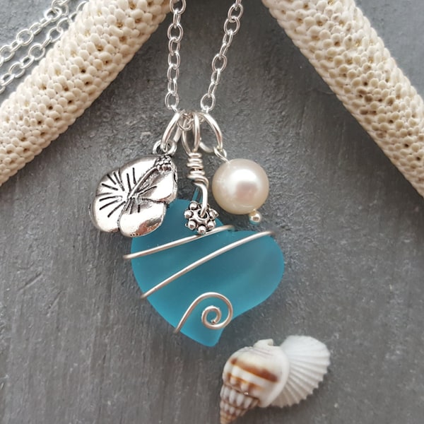 Hawaiian Jewelry Wire Wrapped "Heart of The Sea" Heart Necklace Turquoise Blue Necklace, Pearl Sea Glass Jewelry (December Birthstone Gift)
