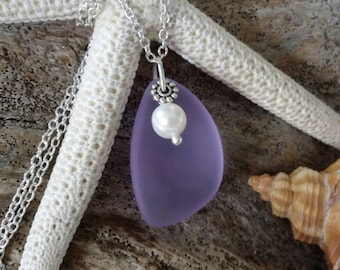 Handmade in Hawaii, Purple sea glass necklace, Fresh water pearl ,  gift box, Gift for her.